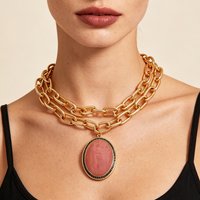 ZAA 2026 Trendy Jewelry Oval Inlaid Stone Pendant Chunky Chain Link Necklaces Charms Woman Statement Holiday Party Accessories