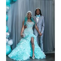 Turquoise Long Prom Dresses For Black Girls Slit Ruffles Beaded American African Evening Gowns Birthday Party Robe Customized