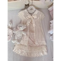 Vintage Kawaii Sweet 3-piece set Women Beige Polka Dot Soft Lace Ruffle Bow Short Sleeve Tiered Mini Skirt Outfit Daily Wear