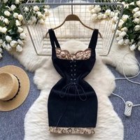 Sexy lace PATCHWORK lace-up slip Dress Chic Elegant Vestidos Vintage party Women Fashion pencil dresses