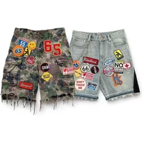 Vintage Camo Embroidery Patch Denim Short Y2k Jeans Men Women Hip Hop Cartoon Graphics Streetwear Loose Denim Casual Shorts