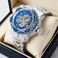 A men's silver blue street trendy cool fully automatic carved dragon pattern mechanical watch