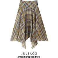 Fashionable Plaid Midi Skirt for Women Autumn New Style Ladies' Casual Polyester Asymmetric Waist Design Standard Fit