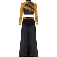Kids Girls Ballet Lyrical Jazz Hip Hop Dance Performance Costume Sequins Crop Top with Overlay Wide-Leg Side Slit Dance Pants