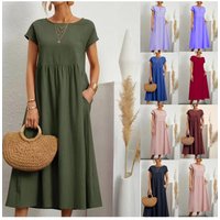 New 2026 Pure Color Sleeveless Loose Cotton Linen Pocket Insertion Dress Retro Waist Type mid Waist Spring Summer Autumn Casual
