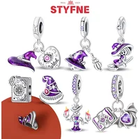 Silver 925 Purple Flying Witch Hat & Magic Book Charms Beads Fit Original Bracelets DIY Halloween Charm for Women Jewelry Gifts