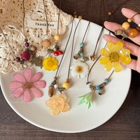 Ethnic Acrylic Dried Flower Wood Bead Necklace for Women Sweet Summer Tenchang Rope Knitted Sweater Chain