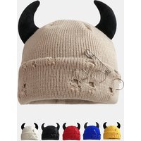 New Unisex Knitted Beanie With Devil Horns Halloween Distressed Skull Cap Hip Hop Winter Warm Yarn Hat For Men Women