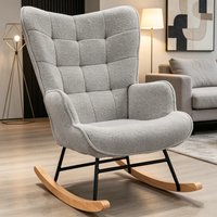 Jasnoszary fotel bujany z polaru teddy w kratkę, miękki pluszowy materiał, ergonomiczne wysokie oparcie, solidna podstawa bujana do salonu, sypialni,