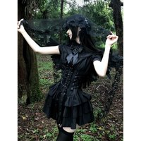 Coalfell Japanese Vintage Gothic Lolita Dress Women Summer Subculture Temperament Bandage Slim Mini Black Dress