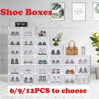 Shoe Storage Box, 6/9/12pcs Shoe Boxes Clear Plastic Stackable, Sturdy Foldable Shoe Organizer Containers with Lids, Shoe Rack S
