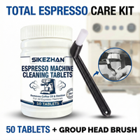 Espresso Machine Cleaning Kit: Tablets Backflush Cleaner Removes Coffee Oil & Angled Group Head Brush Tool for All Machines