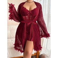 Plus Size Women's 2 Piece Sexy Elegant Lace Trim Cami Nightdress & Mesh Robe Set