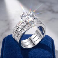 6 Prong 2 Carat Moissanite Ring Set, 925 Silver, D Color VVS1, Triple Row Full Pave Shank, Couple Engagement, With Certificate