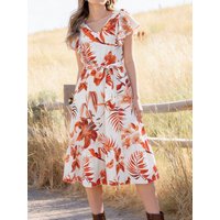 Tropical Floral & Leaf Print V Neck Ruffle Cap Sleeve Tie Waist Tiered Midi Dress For Women