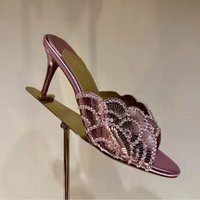 Women's Metallic Lace Embellished Mule Sandals Open Toe Stiletto Heel for Weddings Proms Evening Events Date Nights Glamorous