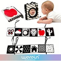 WeRein Black White High Contrast Baby Crib Cloth Book, Newborn Visual Stimulation, Soft Fabric Book with mirror, 0-12 Months