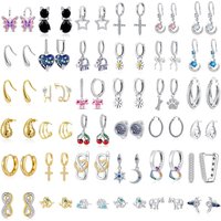 Fashionable 925 Silver,Black Cat,Butterfly,Cross,Cherry Earrings,High-quality Jewelry Suitable for Delicate European Women