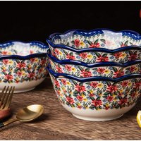 1/2/4/6/8pcs Daiso ceramic bowls in pottery style, with wave-shaped edges and floral patterns