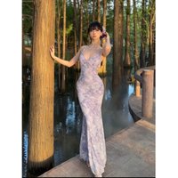 Sexy and alluring purple backless dress with a slimming effect, bodycon fishtail skirt, holiday-style long dress