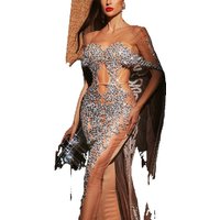 Asoriee - Sequin Mesh Midi Dress - Crystals Sheath Long Evening Dresses for Women - Long Shawl Sleeves Sheer O Neck Party Gown