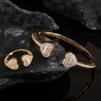 ZAKOL New Iced Out Bling Open Heart Cuff Bracelets Rings Set Gold Silver Color CZ Hearts Charm Bangle Luxury Hip Hop Jewelry