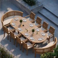 Modern Luxury Solid Teak Oval Garden Table Set Outdoor Terrace Furniture 10 Seats Table and Chair Set Retractable Courtyard
