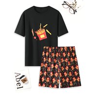 A set of french fries printed casual pajamas, including shorts and a T-shirt,comfortable summer clothing