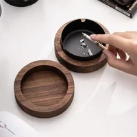 1pc Walnut Wood Ashtrays with Lid Covered Windproof Ashtray Stainless Steel Liner Indoor Outdoor Ash Tray for Home