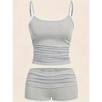 Plus Size Women's Light Gray Ruched Cami Top & Shorts 2-Piece Set - Comfortable Casual Loungewear/Daily Style (0XL-4XL)