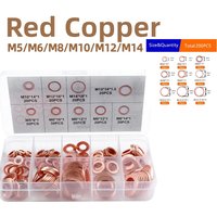 200pcs Red Copper Washer Gasket Nut and Bolt Set Flat Ring Seal Assortment Kit with Box M5/M6/M8/M10/M12/M14 for Sump Plugs