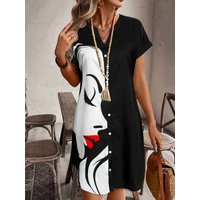 Women's Vintage Portrait Print Button Down Shirt Dress Summer Casual Short Sleeve Loose Tunic Dress