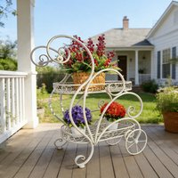 Vintage-Style Wrought Iron Flower Stand, Movable Two-Wheeled Flower Cart, Multi-Layer Flower Pot Rack for Balcony and Garden, Outdoor Decorative Storage Rack