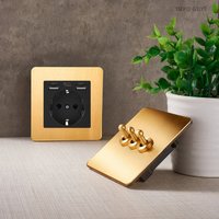Retro ścienny przełącznik dwupozycyjny podwójne gniazdo EU FR złoty panel szczotkowany ze stali nierdzewnej Vintage mosiężna dźwignia do majsterkowania