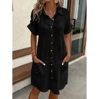 2026 European and American Cross Border Leisure Solid Color Cotton Hemp Buckle Long Short Sleeve Loose Shirt Dress Women's Wear
