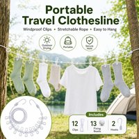 Portable Travel Clothesline with 12 Windproof Clips, Elastic Camping Laundry Rope with Hooks