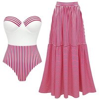 Flaxmaker 2025 Summer One Piece Swimsuit and Skirt Sexy Off The Shoulder Bandeau Striped Printed Swimwear Biquini conjunto de