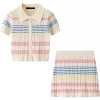 2025 New Summer Women Short Sleeve Single Breasted Short Tops + Color Striped Bodycon Short Skirts Knitted Two Piece Set Outfit