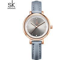Shengke-Montre-bracelet en cuir mince pour femme, mini cadran, mouvement à quartz japonais, cadeau élégant pour fille