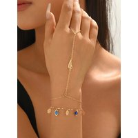 2PCS Evil Eye Hamsa Hand Finger Ring Hand Chain Set Gold Dainty Boho Adjustable Layered Bracelet Jewelry