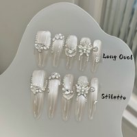 10pcs Pure Hand Pressed Long Oval/Stiletto Nail Art, Beautiful fake nails,Shiny Cat's Eye Diamond Butterfly,Mother's Day Gift.