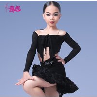 Venny Style Latin Dance Wear Autumn Winter New Practice Set: Strapless Long Sleeve Bow Top & Floral Skirt Dance Costume