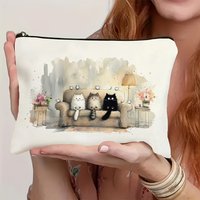 Adorable Cat Print Makeup Bag Cozy Living Room Scene with Cats & Floral Details Travel Cosmetic & Toiletry Organizer Bags