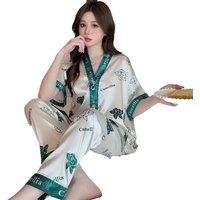 Ladies Silk Pajama Button up Top and Pants Women's Sleepwear Homewear Two-Piece Set V-Neck Printed Luxury Nightwear Thailand