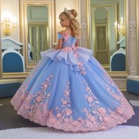 Tulle Tiered Flower Girl Dress for Wedding Kids Off the Shoulder Ball Gown Pink Appliques Birthday First Communion Dress Custom