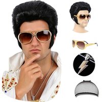 4pcs 50s Rocker Costume Set - Elvis Presley Style Wig with Sunglasses & Necklace - Adult Men's Halloween Cosplay Party Outfit