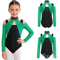 Kids Girls Figure Skating Competition Leotard Cutout Mesh Rhinestone Patchwork Color Block Bodysuit for Gymnastics Ballet Dance