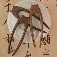 Chinese Style Cat Hair Sticks Wooden U Shaped Hair Forks For Women Girls Hanfu Hairpin Headwear Simple Hair Accessories Gifts
