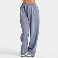 Damen Baumwoll-Laufhose mit hoher Taille und Tasche, Kontrastlinien, weites Bein, Jogginghose mit mittlerer Taille und Kordelzug, lässige, lockere Sport-Hose