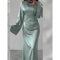 Womens Dresses 2024 New Long Dresses Fashion Simple Round Neck Satin Flare Sleeve Lace Up Slim Evening Party Dresses Sexy Dress